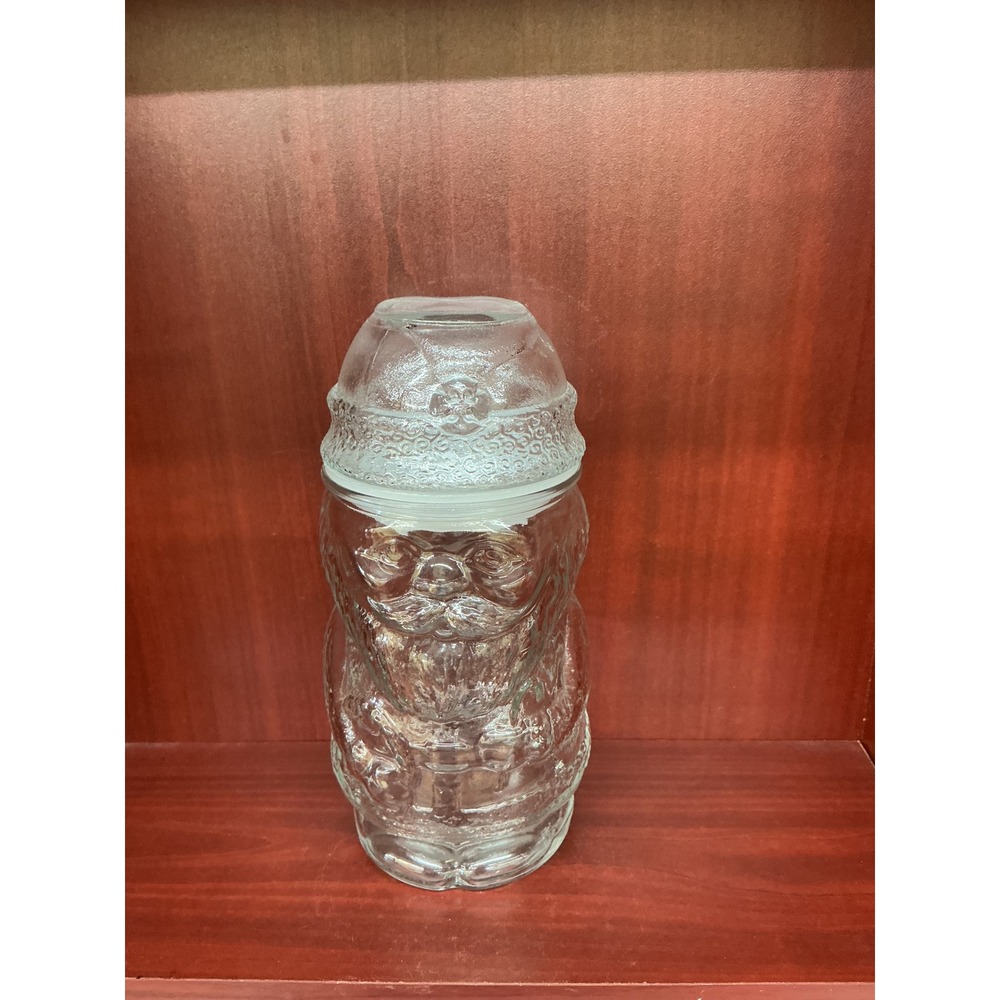 Vintage Clear Glass Santa Claus Cookie Jar Christmas Canister with Lid 7.25in